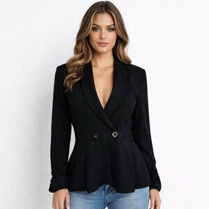 Graylin Black Crepe Two Button Peplum Blazer with Striped Lining - Size large
